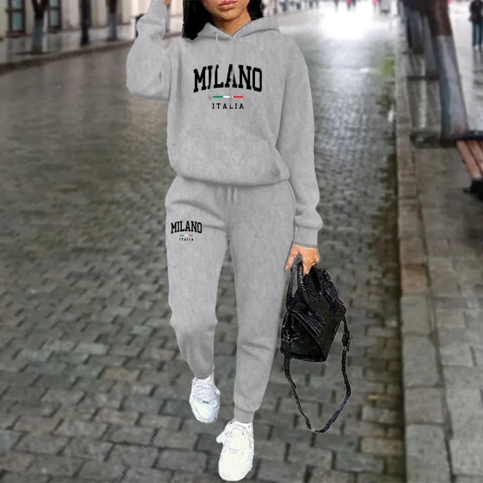 Women's Tracksuit Hoodies Pants Fall Winter Matching Set Athleisure MLANO Letter Print Fleece 2 Piece Sweatpants Set for Woman