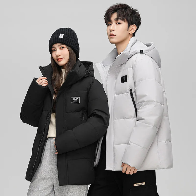 Couples Winter Outdoor Hiking Windproof Warm Fashion Trend Casual Hooded Jacket Solid Color White Duck Down Down Jacket