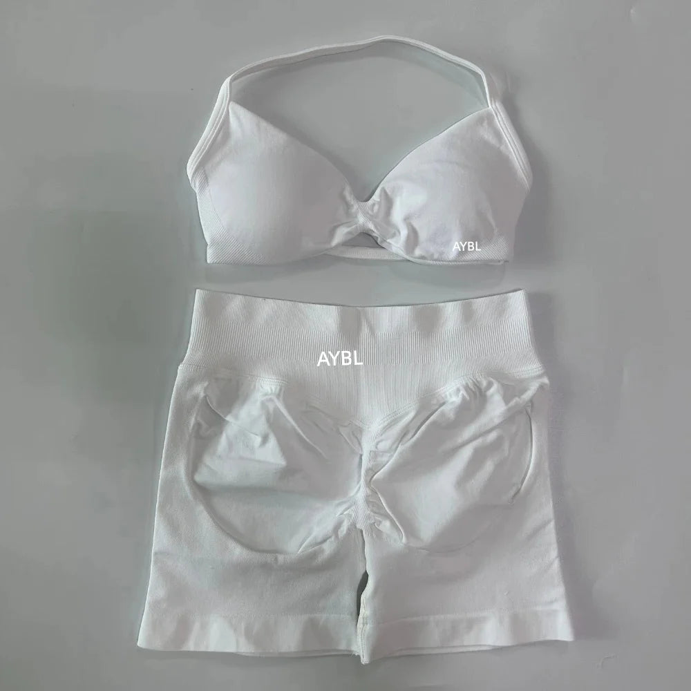 Trendy 2PCS Gym Set Women Strappy Yoga Bra Top High Waist Workout Scrunch Shorts Sports Suit Seamless Yoga Set Fitness Clothes Tahsi Fashion House