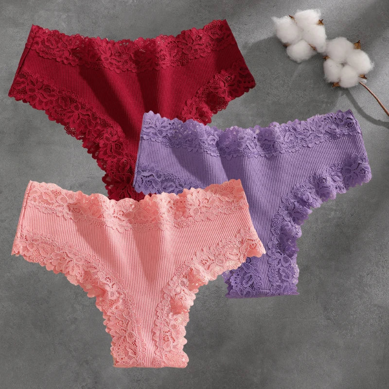 3Pcs Cotton Lace Patchwork Bikini Panties Women Seamless Floral Print Brazilian Pants Low Waist Breathable Female Sexy Lingerie