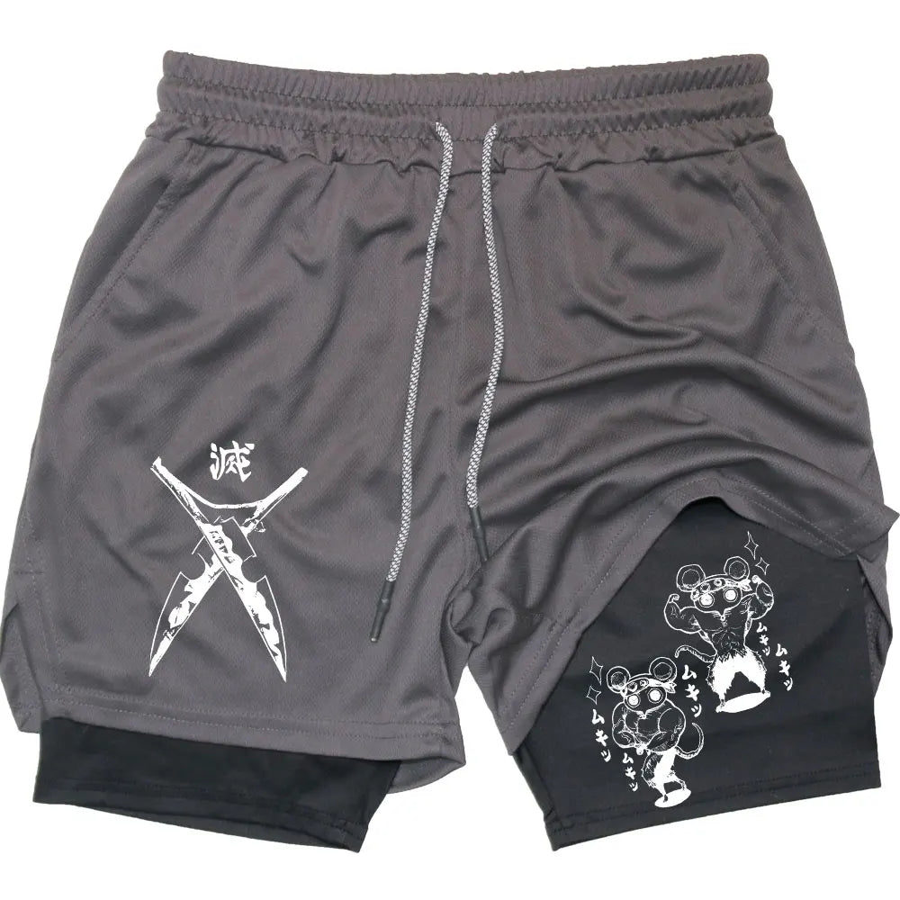 Men's Compression Shorts Anime Demon Slayer Print Beach Shorts Gym Fitness Running Quick Dry Short Pants Summer Print Sportswear