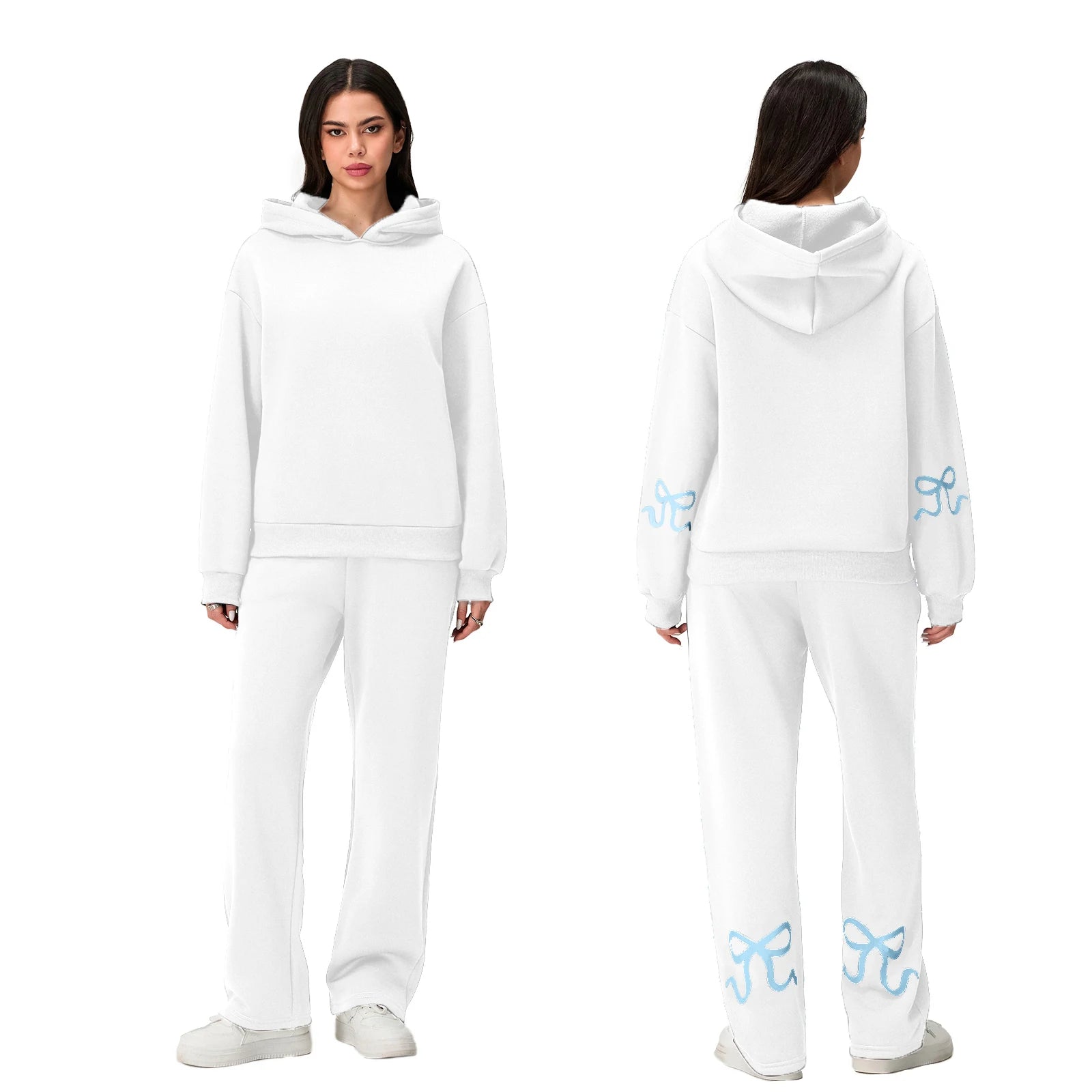 Women's Casual 2 Piece Outfits Long Sleeve Bow Print Hooded Tops Sweatshirts Wide Leg Pants Sets Tracksuits