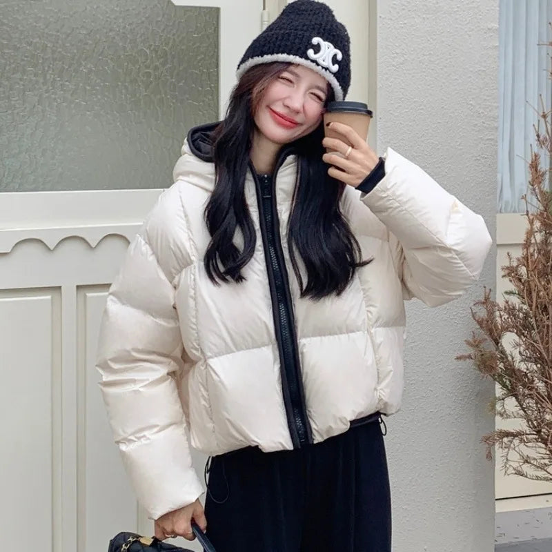 Two-Tone Cotton Padded Jacket 2025 Winter Short Hooded Coat Women Loose Thickened Casual Parka with Drawstring Hem Petite Sizes