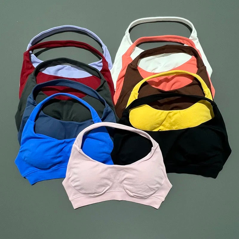 Histello Sports Bra Women Seamless Halter Clothes Neck Strap Padded Yoga Top Gym Backless Bra Running Sportswear Workout Tops - ATFH