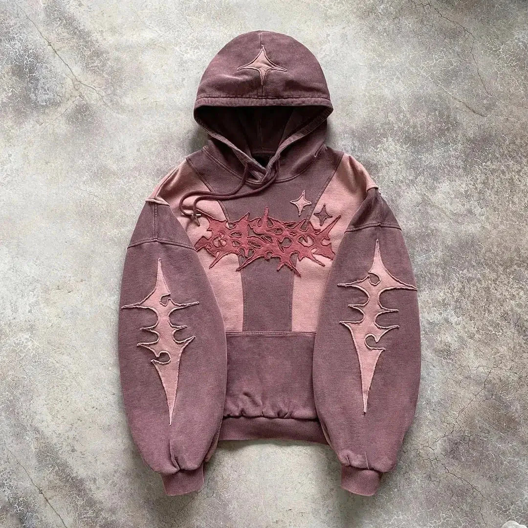Fashion Color Matching Creative Pattern Patchwork American Harajuku Pullover 2000s Street Rock Vitality Long Sleeve Loose Hoodie