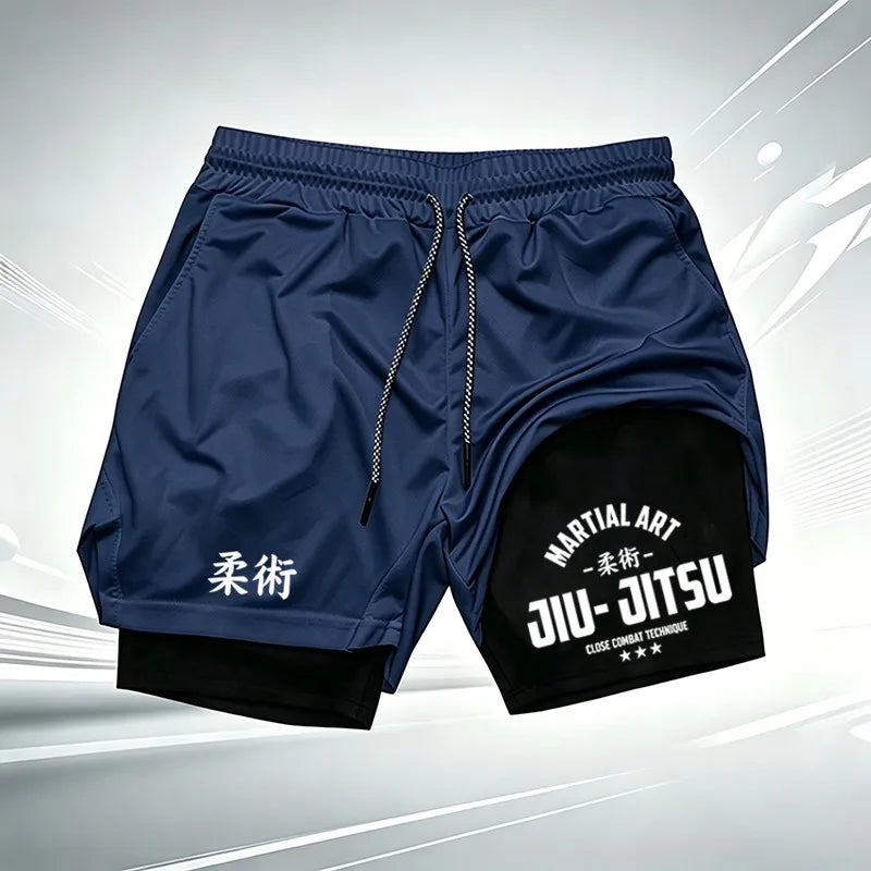 Martial Art Jiu-Jitsu Print Ufc Men's Double-Layer Sports Shorts, Quick Dry, Anti-Chafe, for BJJ, MMA & Fitness wx249