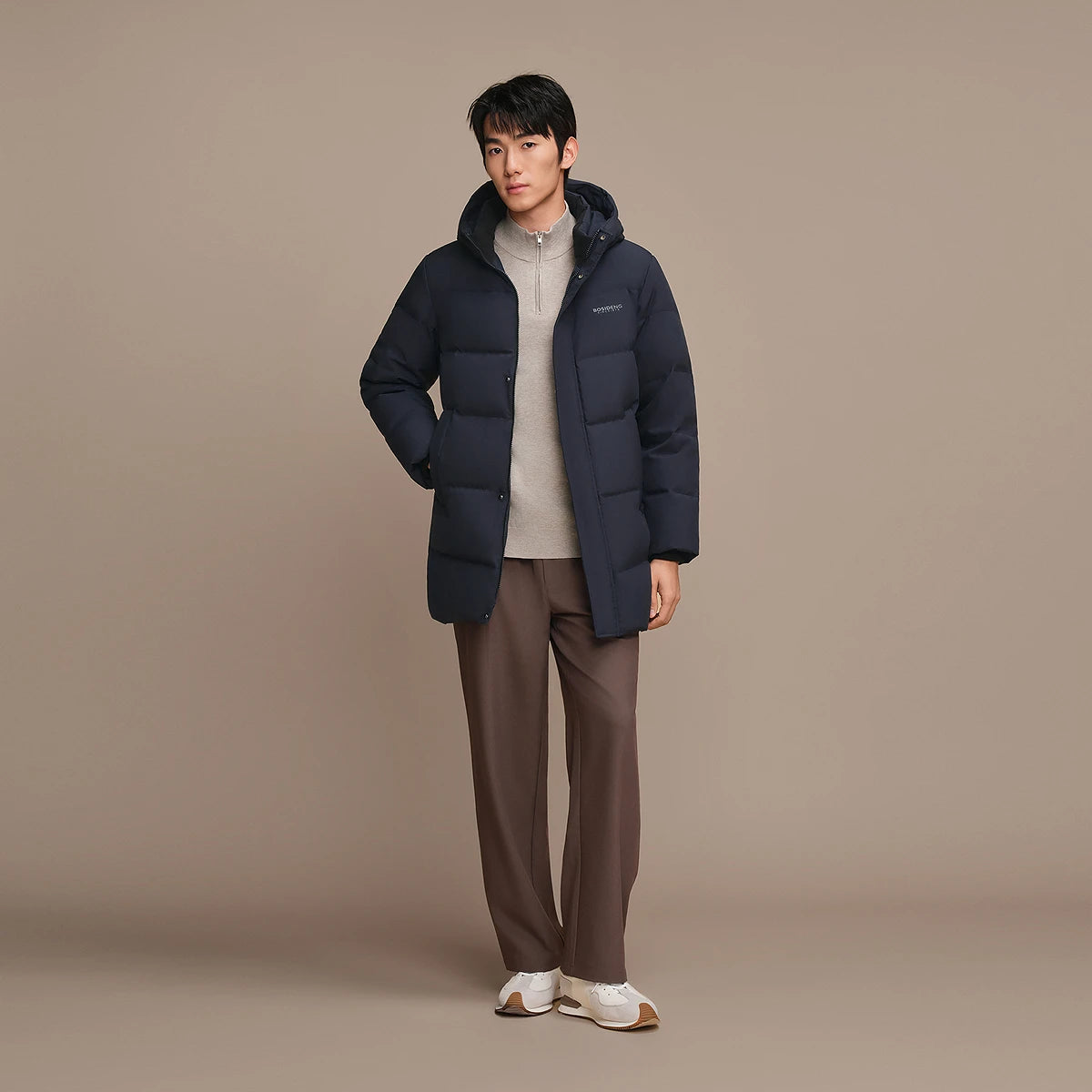 Bosideng Long Hooded Down Coat With Ribbed Cuffs Double Zipper And Side Pockets Windproof Warm Winter Jacket