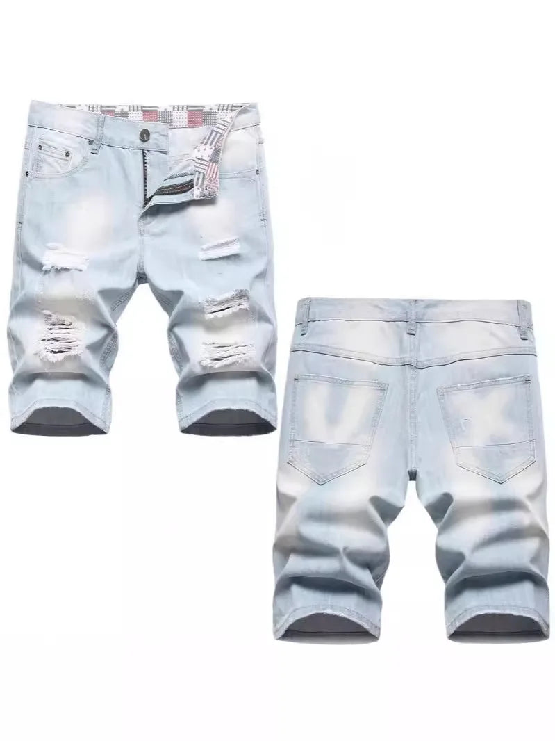 New Summer Men Blue Denim Shorts Italian Style Male Shorts Jeans High Quality Male Stretch Fit Ripped Denim Jeans Shorts Size 38 ATFH