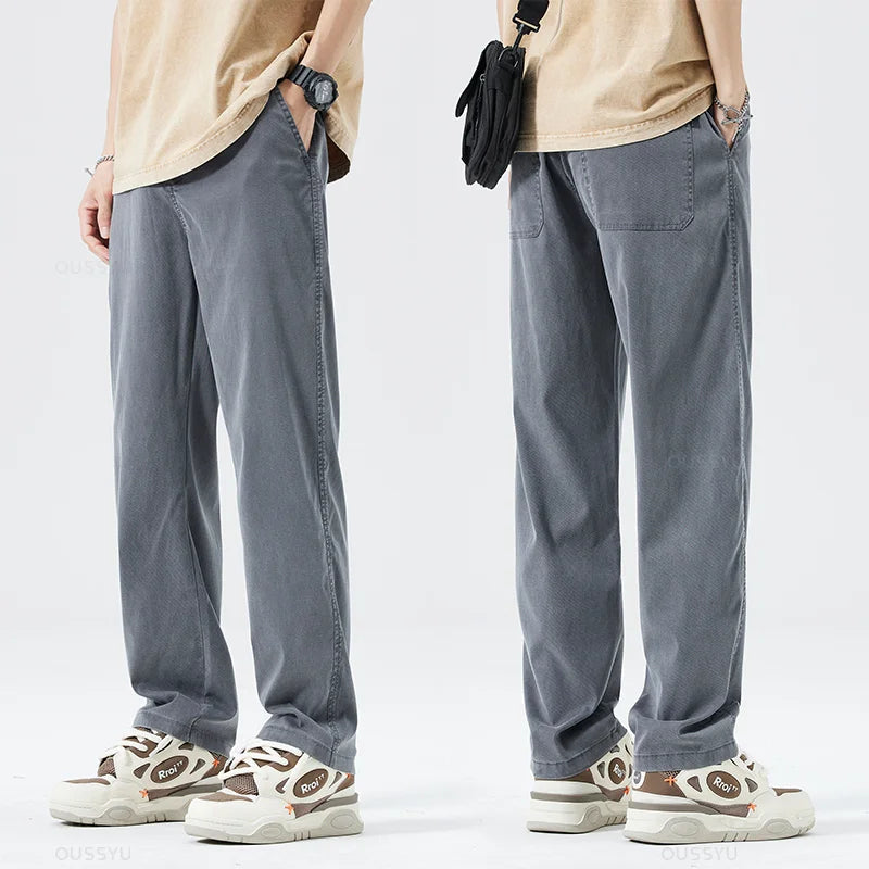 Summer Thin Soft Lyocell Fabric Jeans Men Loose Straight Wide Leg Pants Drawstring Elastic Waist Casual Trousers Plus Size M-5XL ATFH