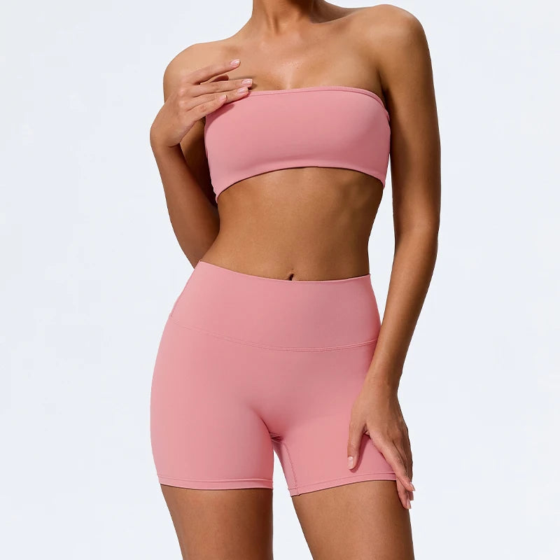 Summer Two Piece Fitness Sports Set Women Workout Yoga Outfit Strapless Bra Woman 2Ps Gym Crop Top Deportivos Mujer Gym Suits - ATFH