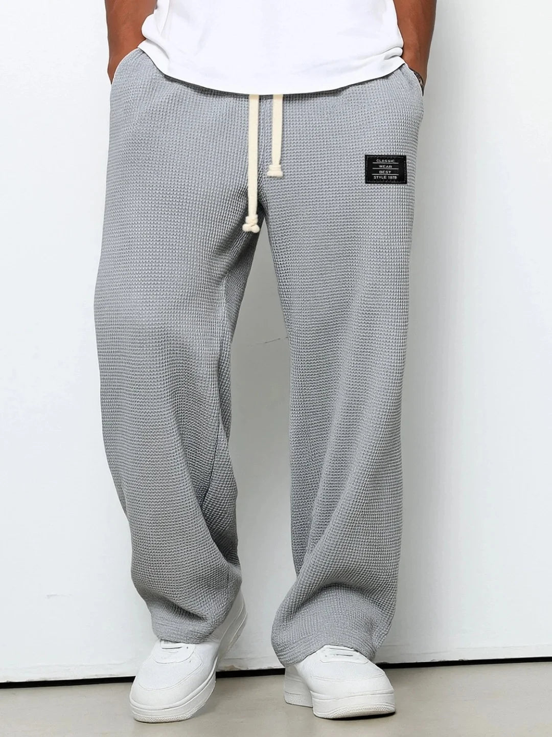 Men's spring-summer trendy brand loose-fitting stretchy straight-leg sweatpants. Waffle fabric. Micro-bouncy sporty casual pants
