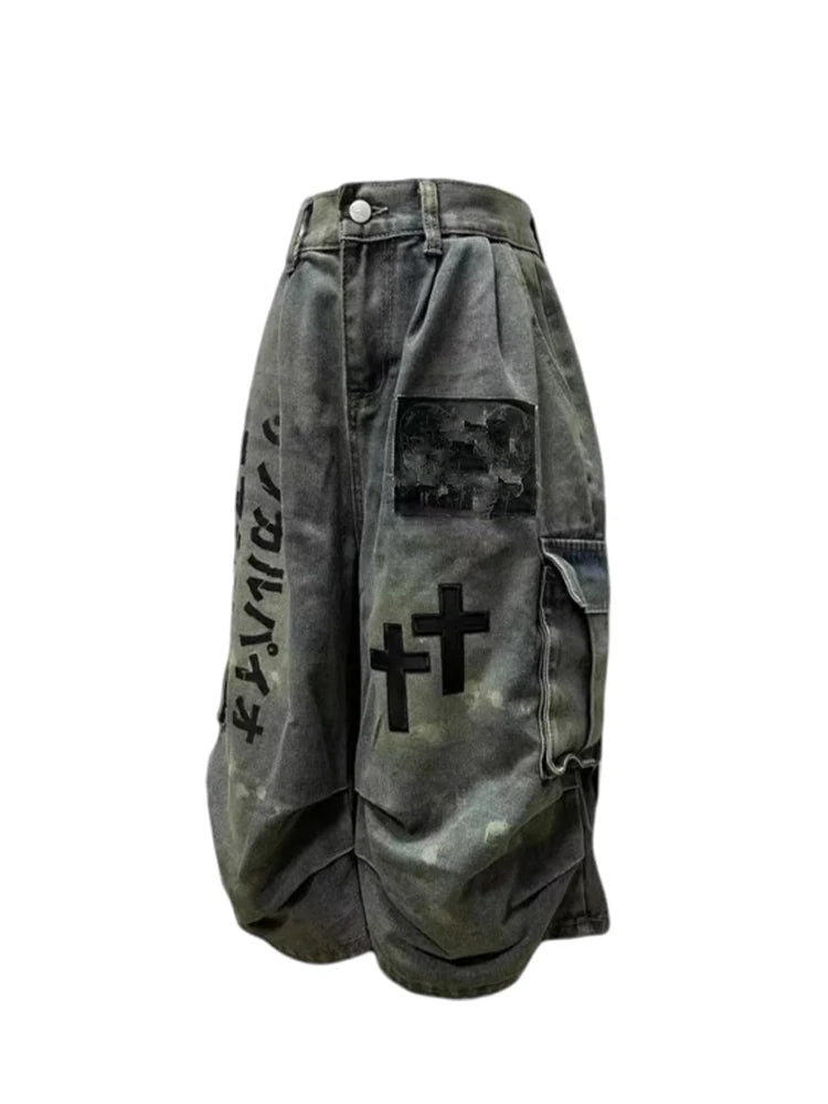 Summer Women Goblin Core Cross Denim Jorts Shorts Y2k Calf-Length Jean Pants Trashy Y2K Abi Japanese Cyber Punk Grunge Unisex ATFH
