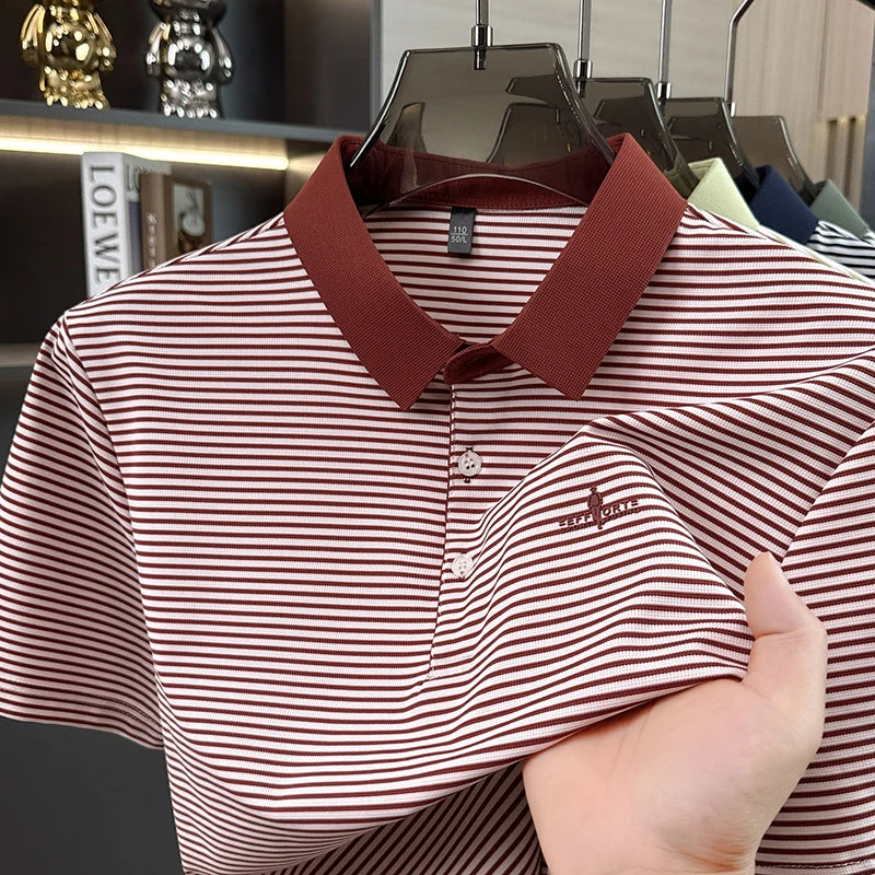 Luxury brand striped short sleeve polo shirt new fashion letter embossed men's T-shirt summer breathable Korean style casual top