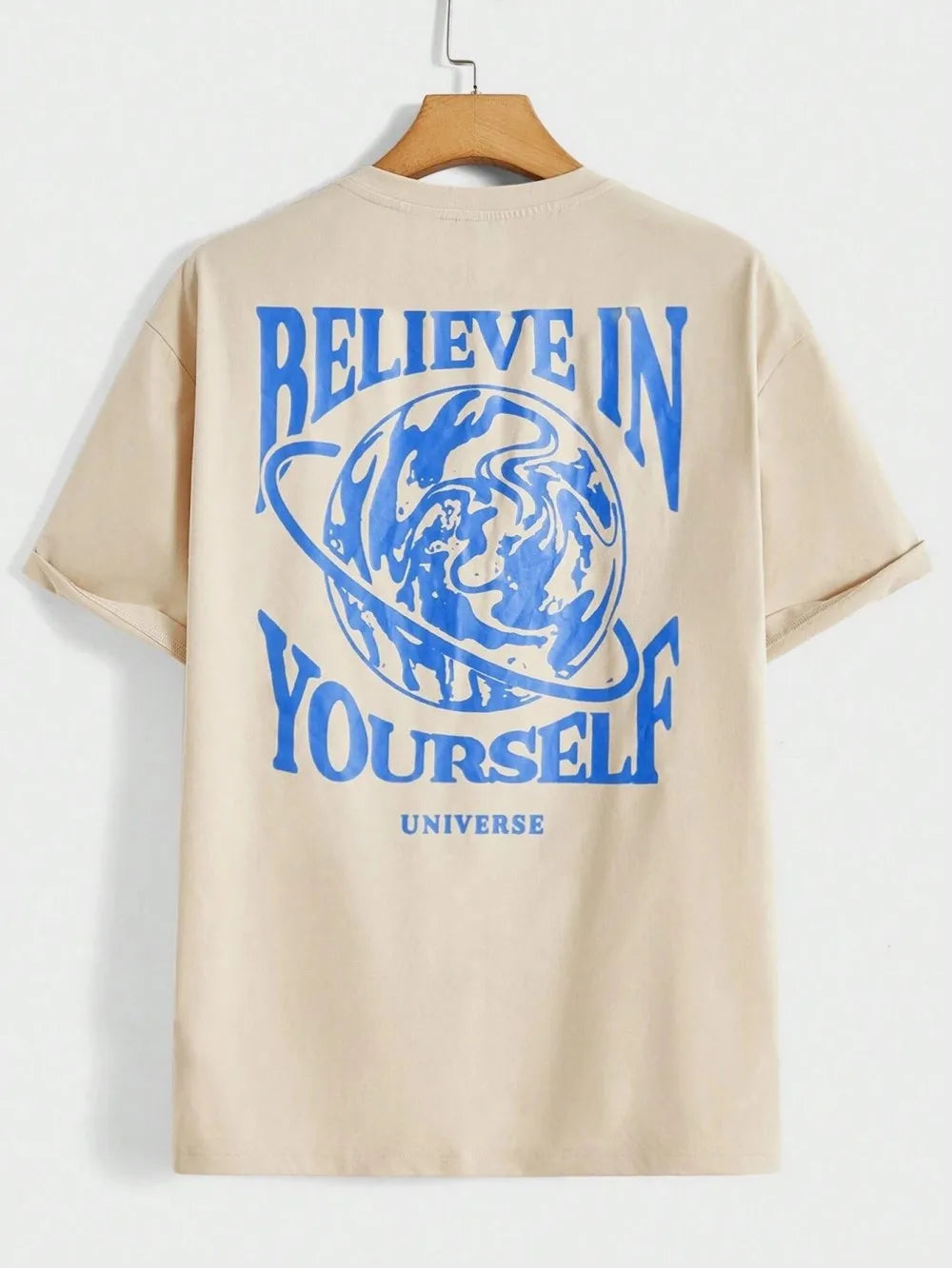 Handsome men's summer planet and letter print soft and breathable round neck T-shirt outdoor urban high street top ATFH