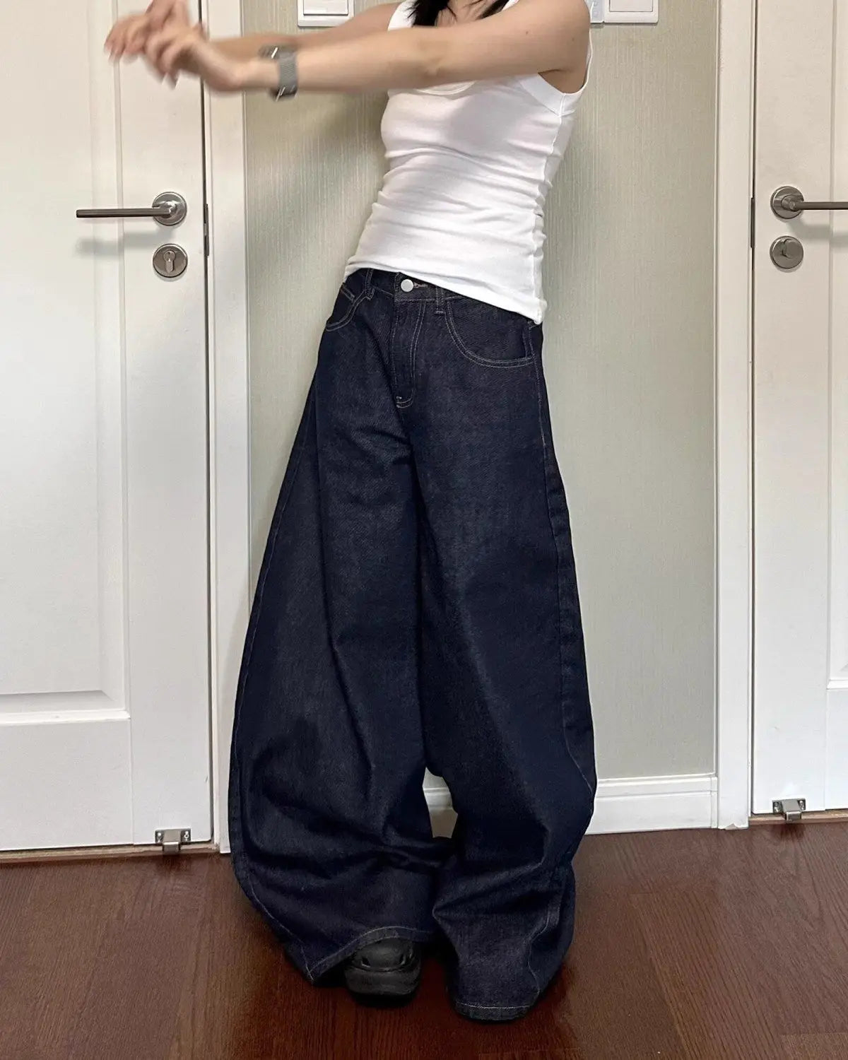 New American women black high street vibe wide-leg jeans for autumn and winter for men and women washed loose straight pants ATFH