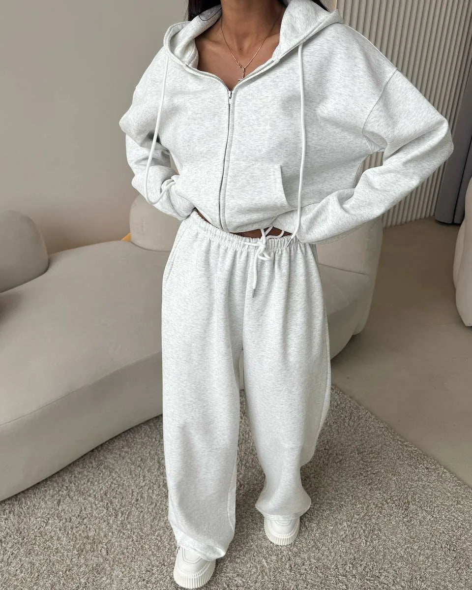 Cotton Hoodies Sweatshirt Two-piece Suit Women Casual Sports Sets Autumn Zip-up Short Coat Straight Trousers Loose 2-piece Sets
