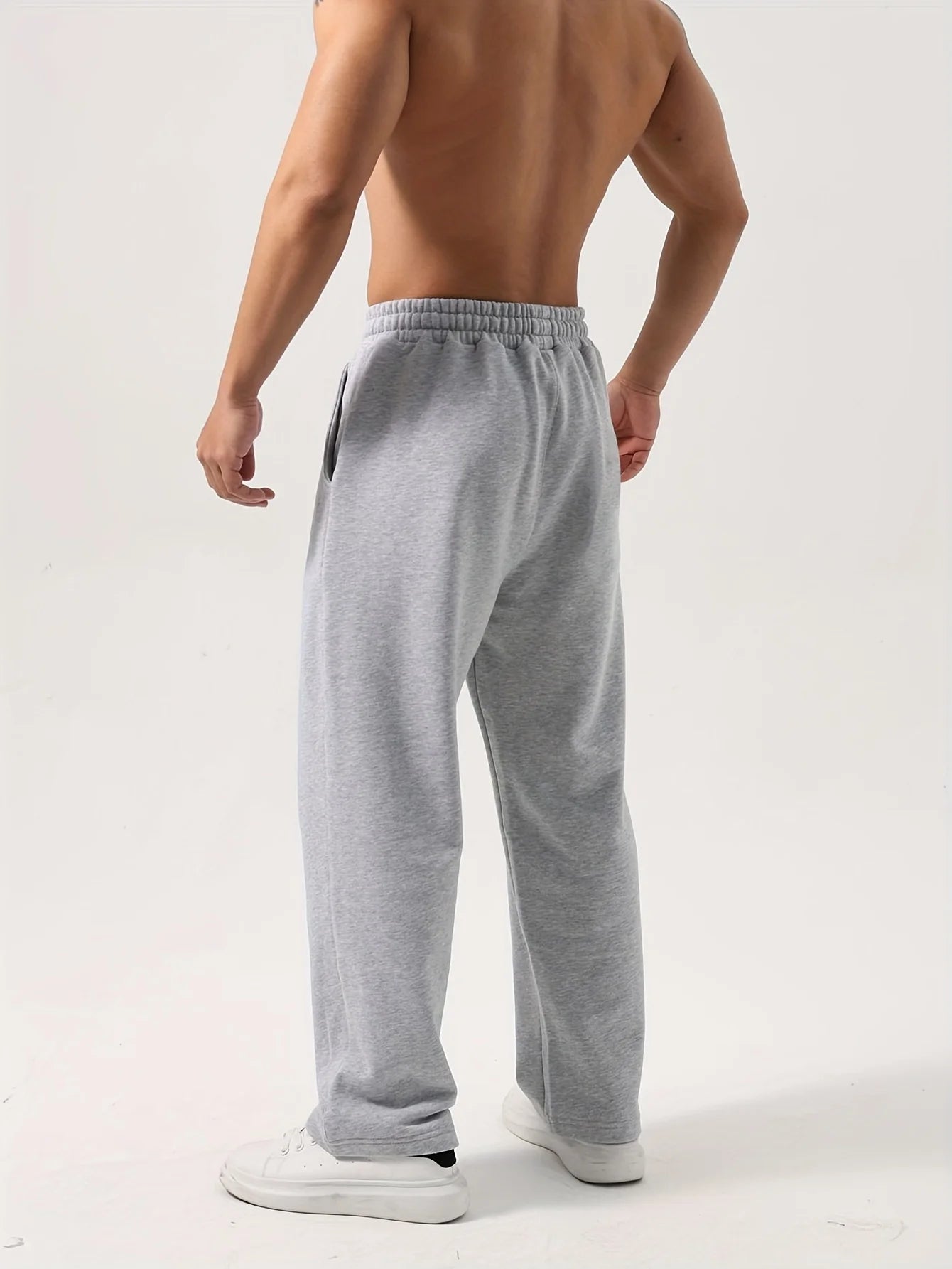 Men's casual athletic trousers loose-fitting straight leg wide-leg style elastic waistband simple solid color pants sweatpants