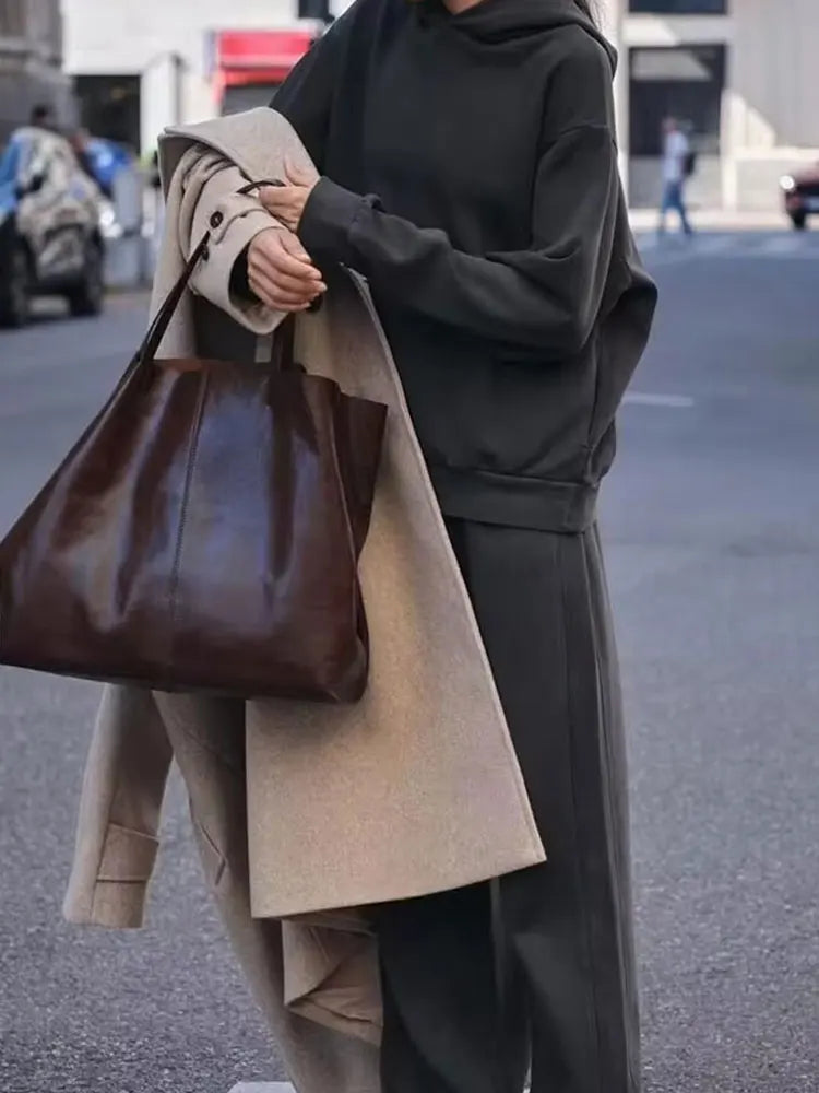 Women Solid Casual Sweatshirt Pant Suit Long Sleeve Hooded Fleece Pullover Coat Loose Straight Trousers Office Lady Sets