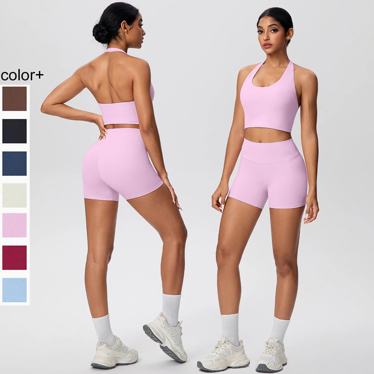 2picese Women Yoga Suit Solid Color High Waist Hip Push Up Fitness Shorts Sexy Pilates Backless Gym Hanging Neck Bra Yoga Set - ATFH