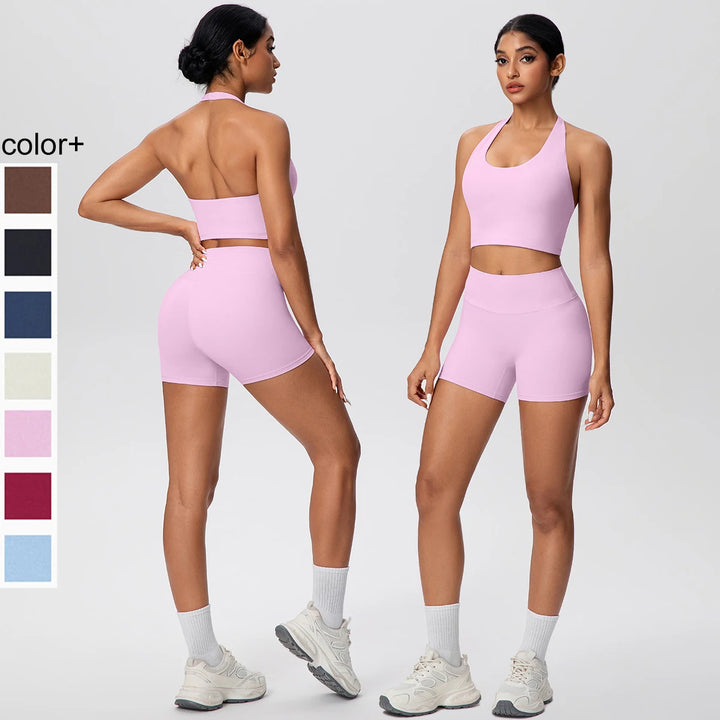 2picese Women Yoga Suit Solid Color High Waist Hip Push Up Fitness Shorts Sexy Pilates Backless Gym Hanging Neck Bra Yoga Set - ATFH