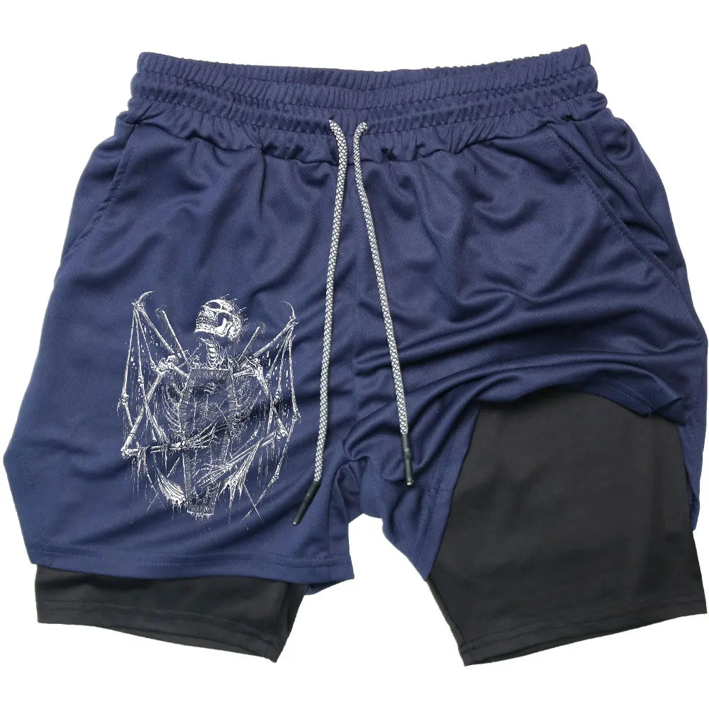 Shorts Men Quick-drying Fitness Skull Print Double Layer Shorts Workout Training Running Bodybuilding Sportwear