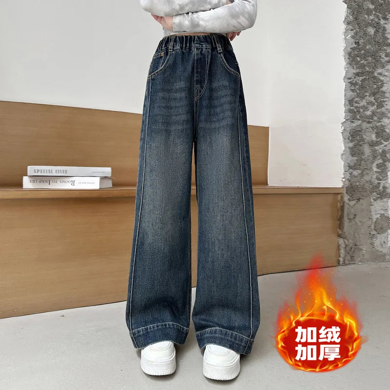 New Girls Fleece Lined Jeans Autumn Winter Thick Warm Kids Straight Leg Trousers Children's All-In-One polar fleece Denim Pants ATFH