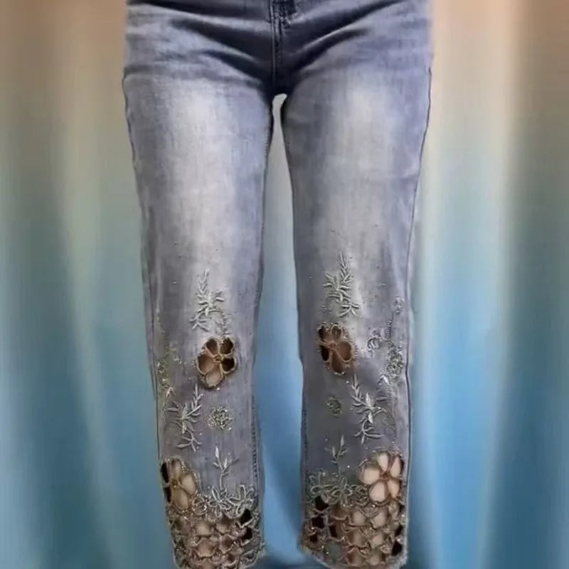 women High end hollowed out embroidered denim eight cigarette tube pants 2026 new summer thin high waist stylish denim tube pant ATFH