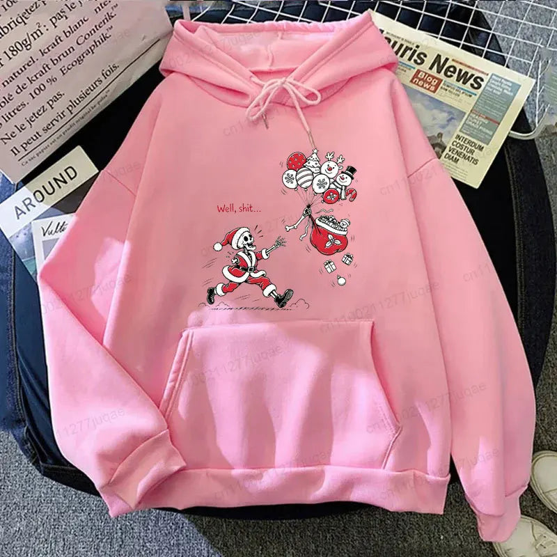Men Women Funny Skeleton Santa Claus Hoodie Well Shit Graphic Hooded Sweatshirt Streetwear Punk Gothic Christmas Pullover Hoodie