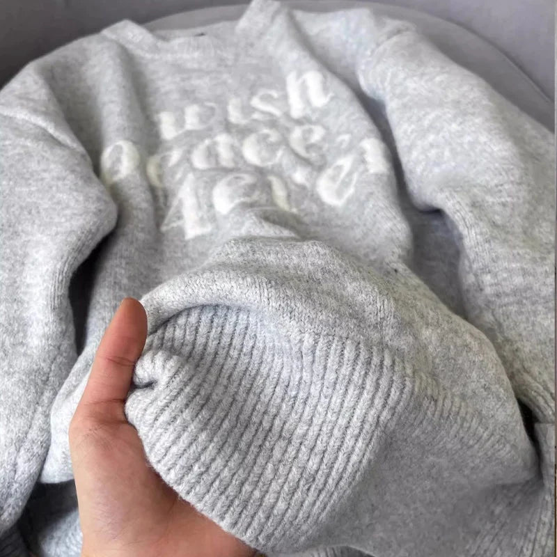 American Retro Letter Jacquard Gray Pullover Sweater for Women Autumn Winter Loose Soft Warm Street Knitted Top Women's Clothing - ATFH