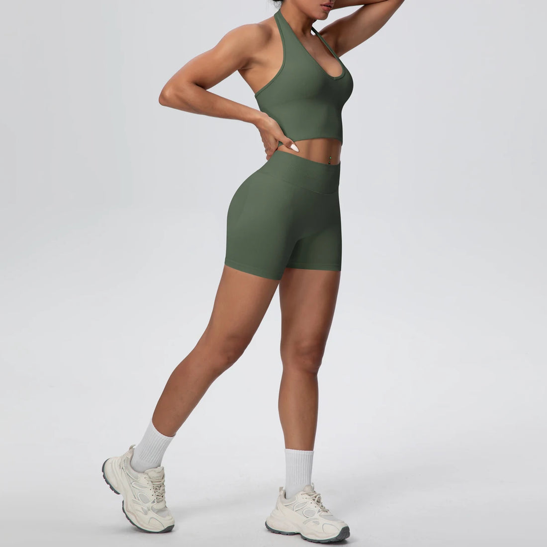 2pcs Summer Breathable Yoga Set Backless Sportswear Solid Color Sexy Neck Strap Bra Quick-Dry High Waist Shorts Yoga Set - ATFH