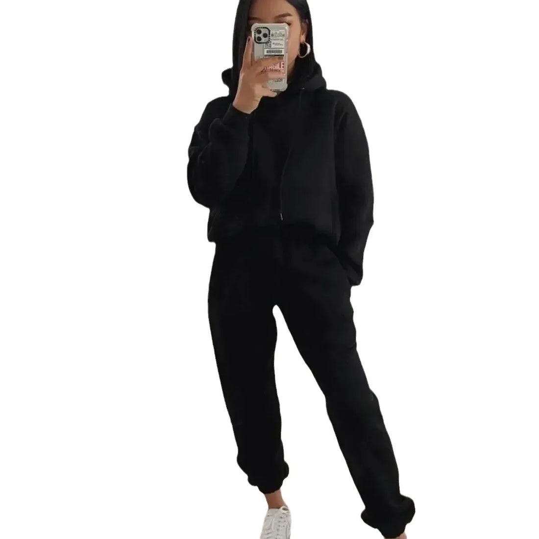 Women's Hooded Long Sleeved Pocket Sweatshirt Solid Color Sports Set Two-piece Set 2024 Autumn/winter