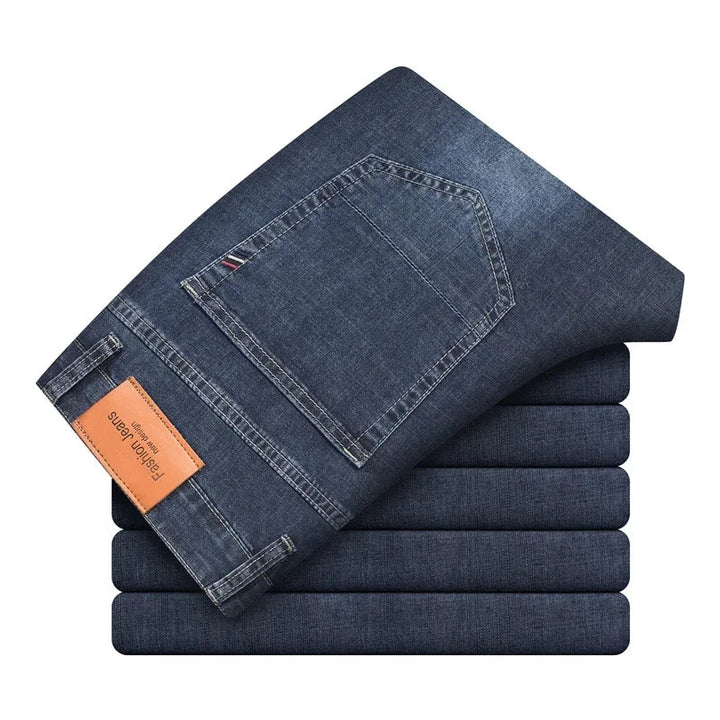 Summer Thin Men's Cotton Jeans New Fashion Gray Elastic Straight Business Casual Pants Comfortable Brand Trousers ATFH