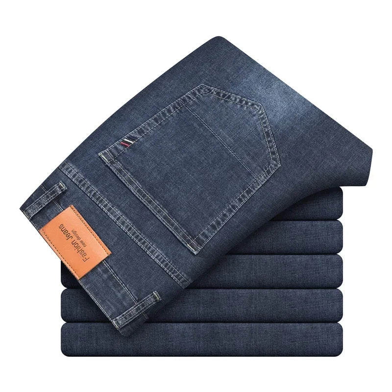 2026 Summer Thin Men's Cotton Jeans New Fashion Gray Elastic Straight Business Casual Pants Comfortable Brand Trousers ATFH