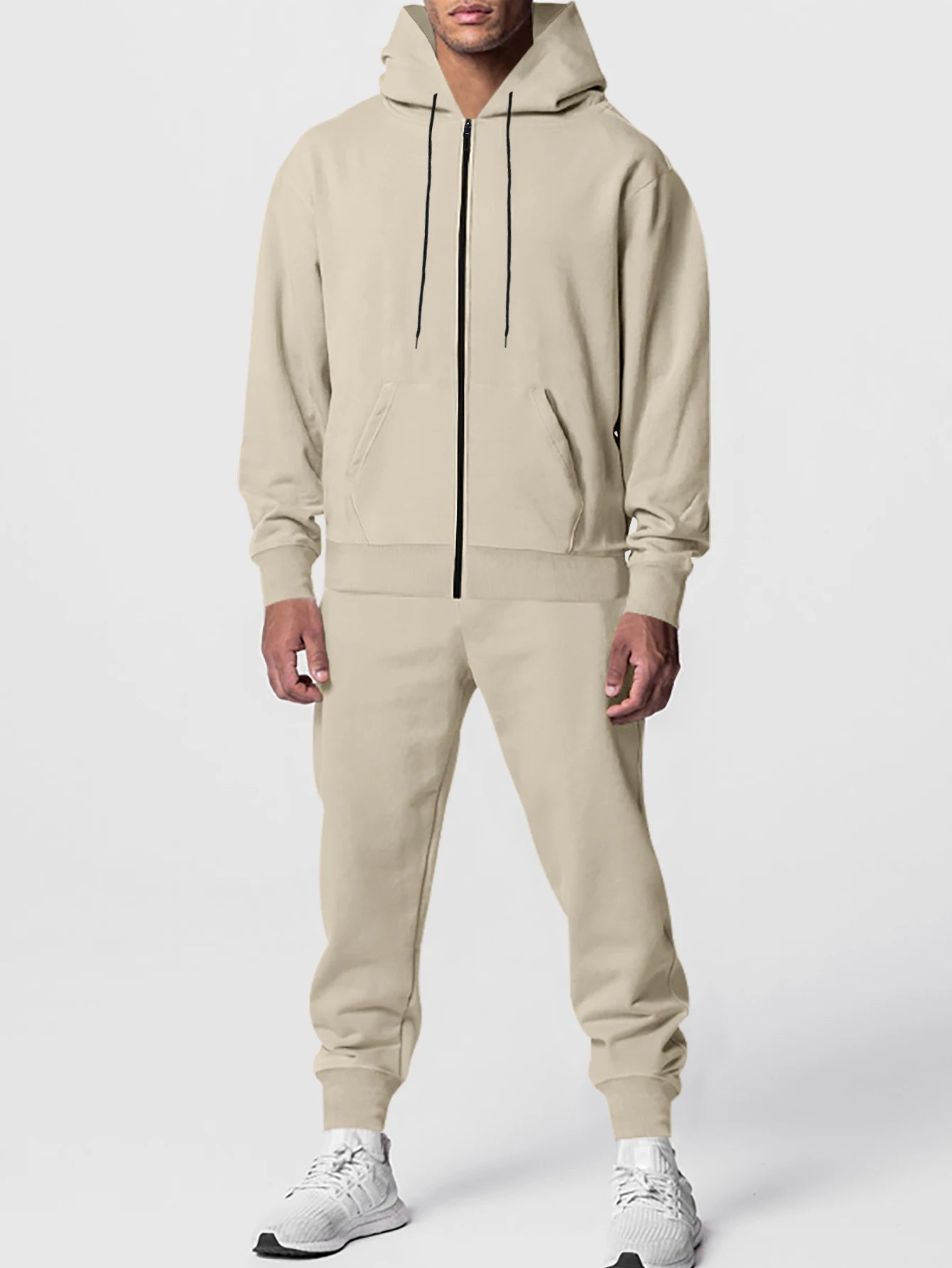 Autumn and winter men's solid color long-sleeved trousers hooded sports casual fleece suit warm and comfortable men's clothing - ATFH