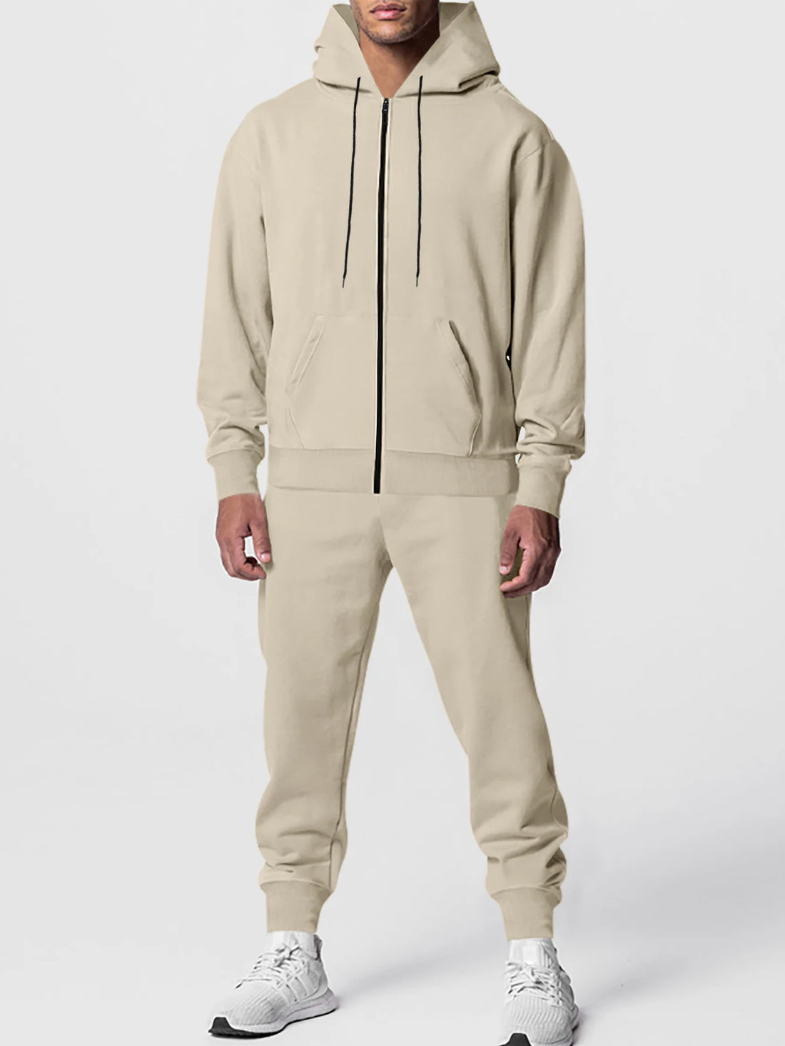 Autumn and winter men's solid color long-sleeved trousers hooded sports casual fleece suit warm and comfortable men's clothing - ATFH