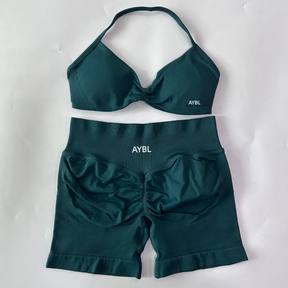 Trendy 2PCS Gym Set Women Strappy Yoga Bra Top High Waist Workout Scrunch Shorts Sports Suit Seamless Yoga Set Fitness Clothes Tahsi Fashion House