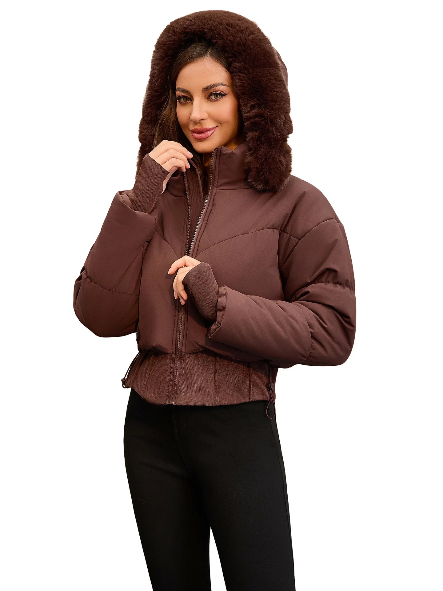 Women's Thickened Warm Cotton-Padded Jacket with Large Fur Collar And Hood Waist-Cinching Style