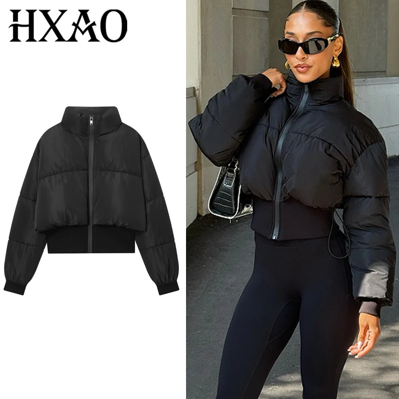 HXAO Black Lightweight Padded Jackets Women's Jacket Winter Crop High Neck Long Sleeve Quilted Jacket Woman Insulated Outerwears