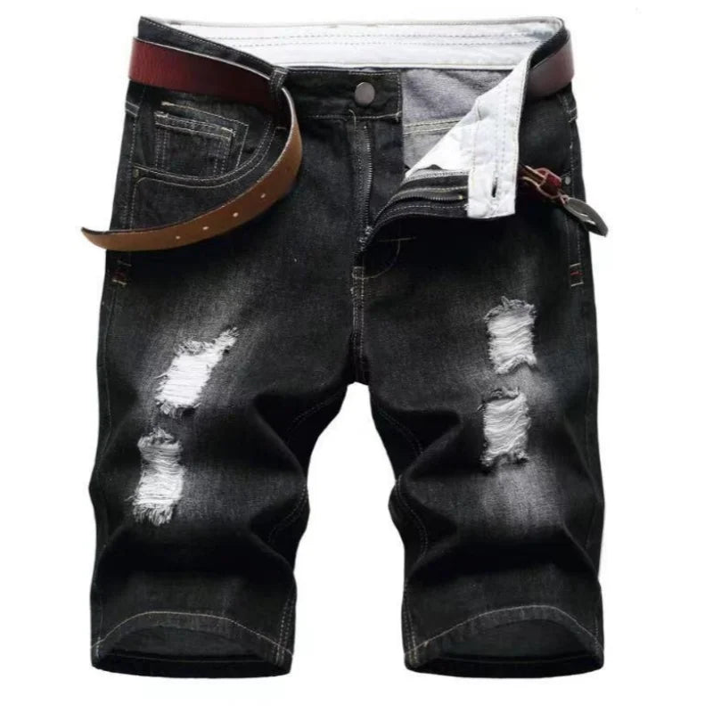 New Summer Men Blue Denim Shorts Italian Style Male Shorts Jeans High Quality Male Stretch Fit Ripped Denim Jeans Shorts Size 38 ATFH