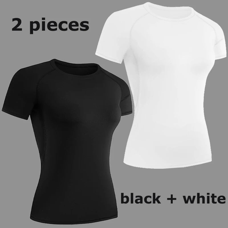 Women's Compression Shirt Short Sleeve Athletic Yoga Running T-Shirt Summer Gym Workout Quick Dry Stretchy Tees Tops Baselayer - ATFH