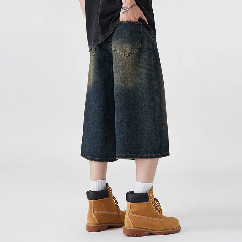 Men's Non-Elastic Denim Seven-Five Shorts Loose Wide Leg Fit Versatile Simple Style Casual Shorts ATFH