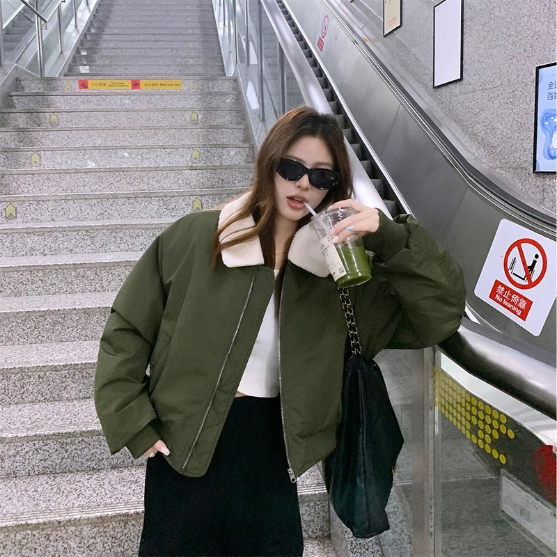 Long Sleeve Winter Short Jackets Loose Women's Cotton Padded Jackets 2025 New Detachable Wool Lapel Black Sport Parka Coat Trend ATFH