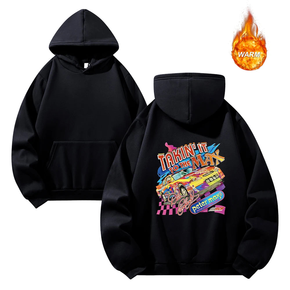 Men's Hoodies With Colorful Car Print Thickened Oversized Hooded Sweatshirt Autumn And Winter Casual Warm Pullover Sweatshirt - ATFH