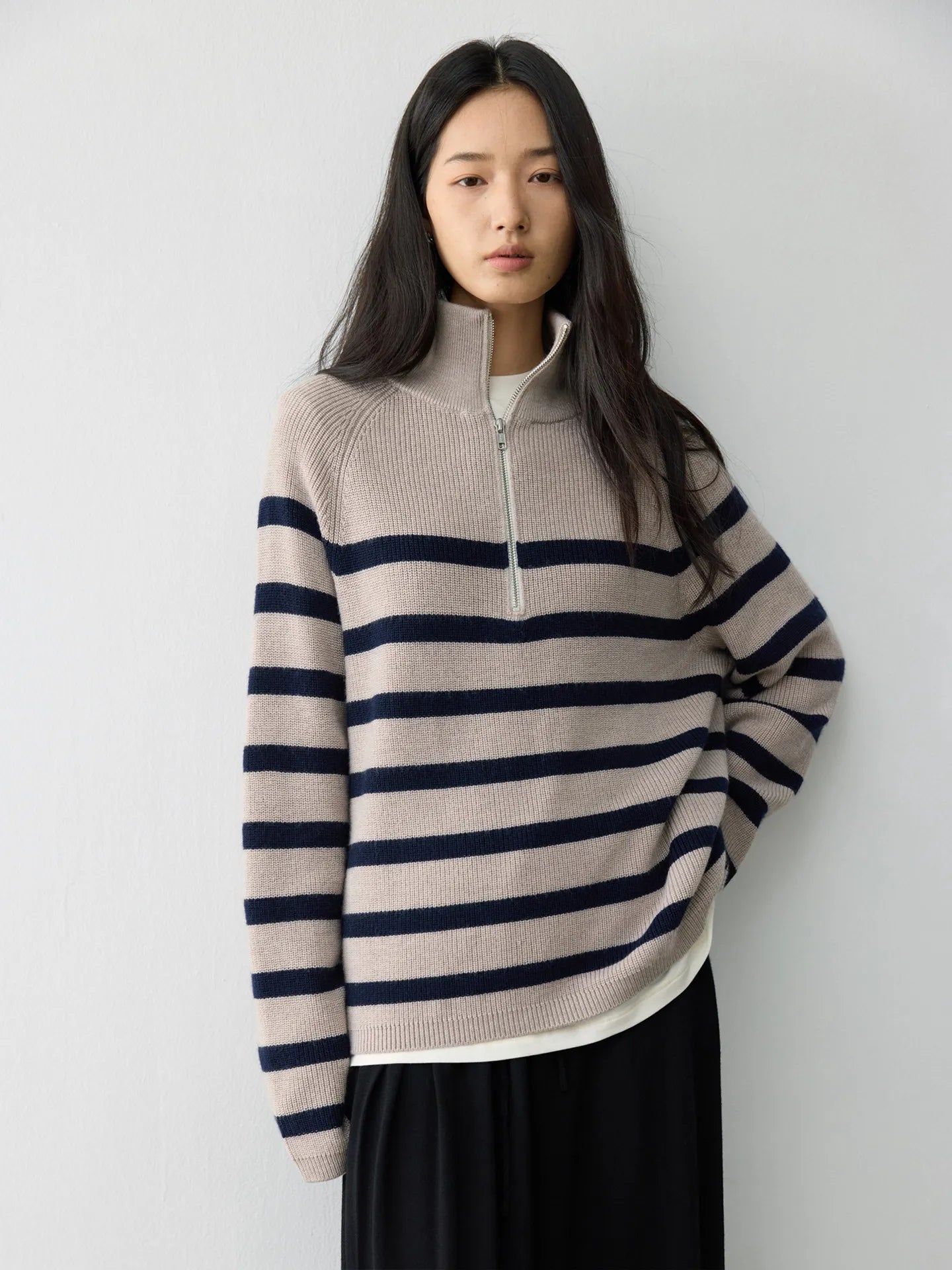 Heavy German BY worsted wool, classic contrasting stripes loose lapel half zip knitted sweater - ATFH