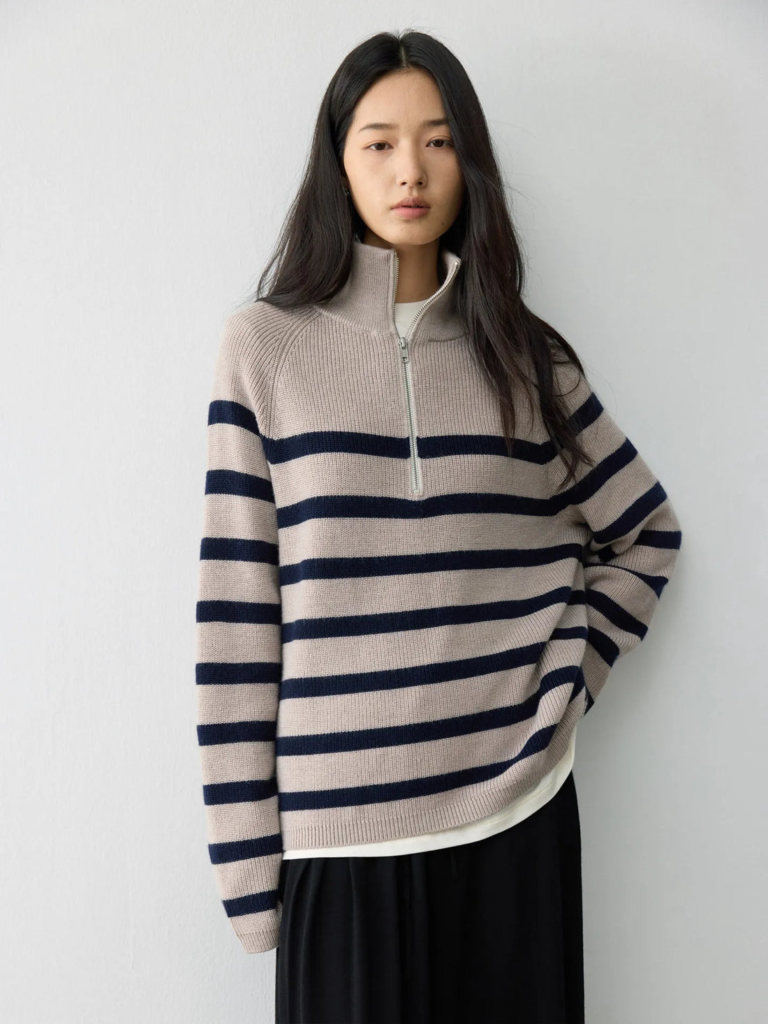 Heavy German BY worsted wool, classic contrasting stripes loose lapel half zip knitted sweater - ATFH