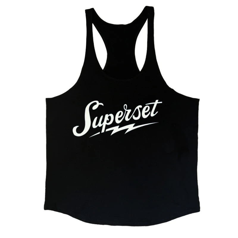 Men's "Superset" Graphic Stringer Vest - Cotton Sleeveless Shirt for Gym Fitness, Bodybuilding & Workout Undershirt