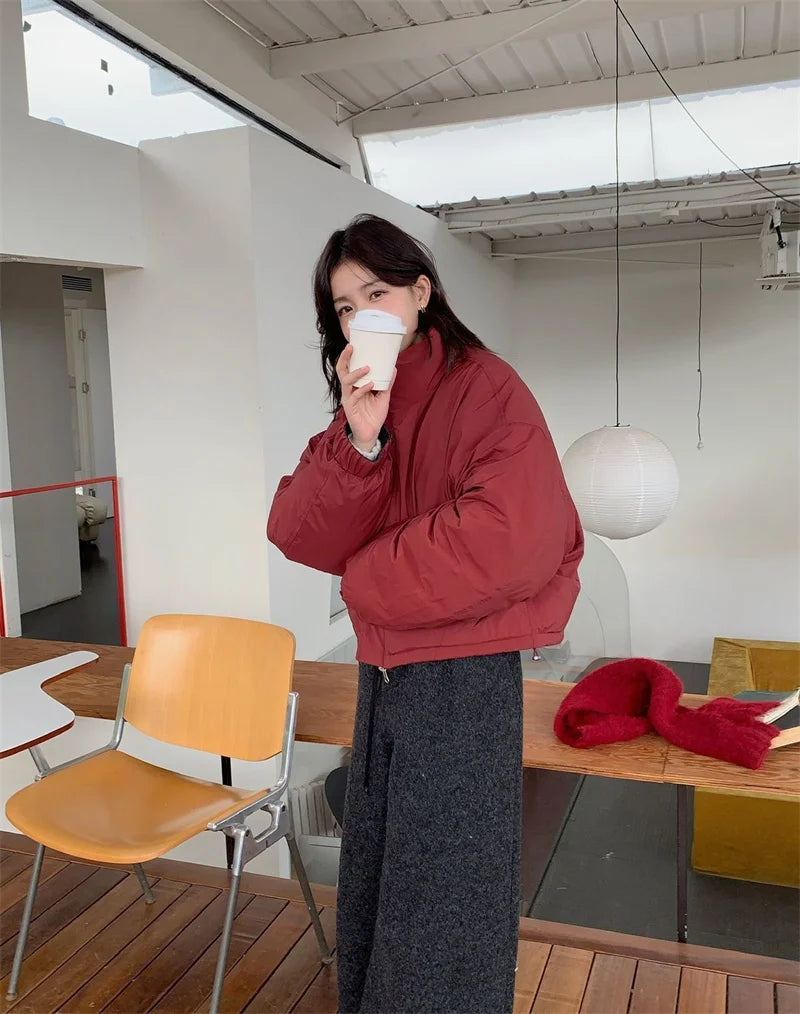 Wearing Down Cotton Jacket onBoth sSides, Women's Short Style Stand up Collar Cotton Jacket for Small People,  Contrasting Color ATFH