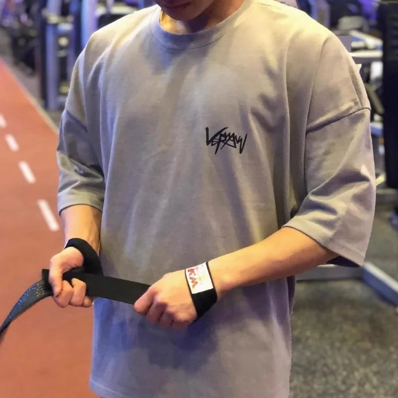 NEW Round Collar  sports T Shirt Oversize Cotton Summer Tee Training running shirt Man Streetwear Half Sleeve men T-shirt ATFH