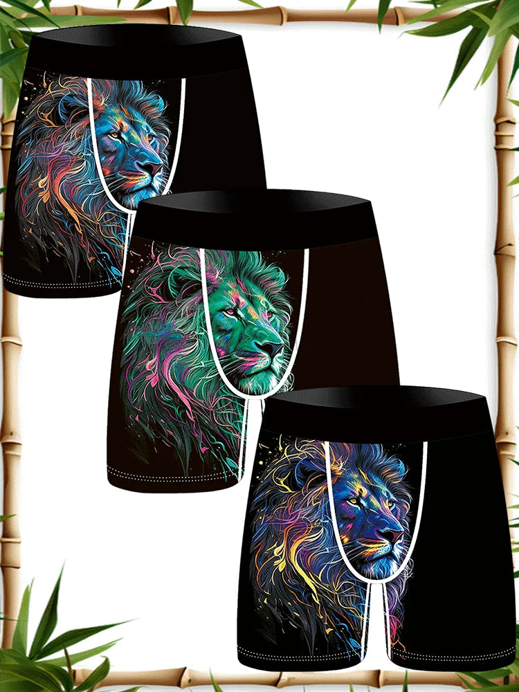 3Pcs Lion Wolf Print Men Underwear Boxers Men's Novelty Underpant Breathable Printed Male Underpants Man Boxer Briefs