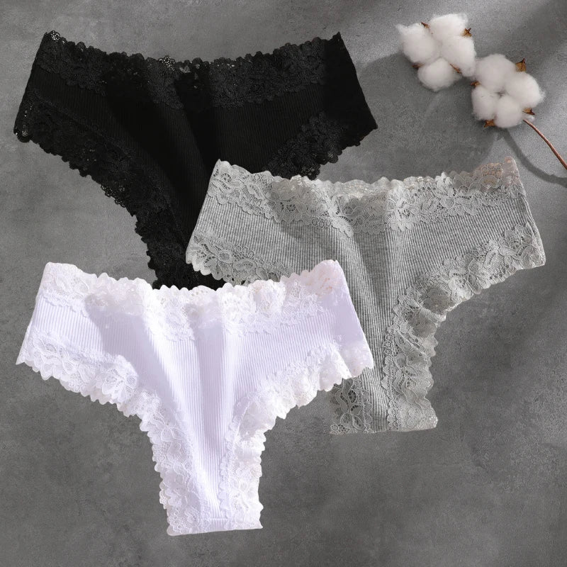 3Pcs Cotton Lace Patchwork Bikini Panties Women Seamless Floral Print Brazilian Pants Low Waist Breathable Female Sexy Lingerie